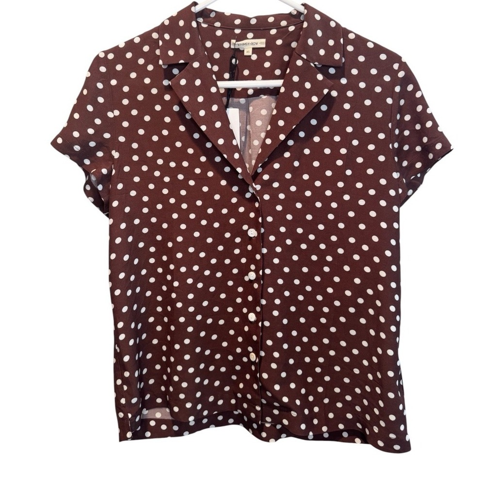 Whimsy + Row Womens Brown Polka Dot Button Down Lena Top XS NEW Classic Timeless